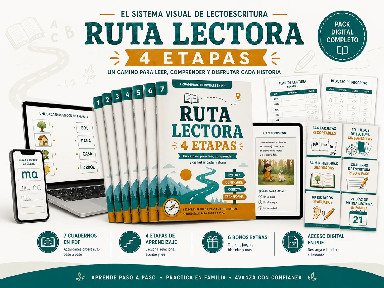 Paquete completo Ruta Lectora 4 Etapas: cuaderno principal y seis bonos